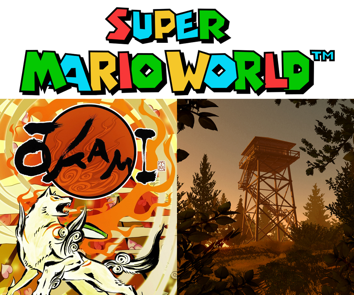 Super Mario World, Okami und Firewatch waren Spiele, die mich nicht an den Rand des Wahnsinns getrieben haben. (Quellen: <a href=”https://upload.wikimedia.org/wikipedia/commons/thumb/1/10/Super_Mario_World_game_logo.svg/1024px-Super_Mario_World_game_logo.svg.png”>Super Mario World</a>, <a href=”https://images.igdb.com/igdb/image/upload/t_original/ar4nw.png”>Okami</a>, <a href=”https://www.camposanto.com/press/downloads/firewatch/screenshots/firewatch_140830_07.png”>Firewatch</a>)
